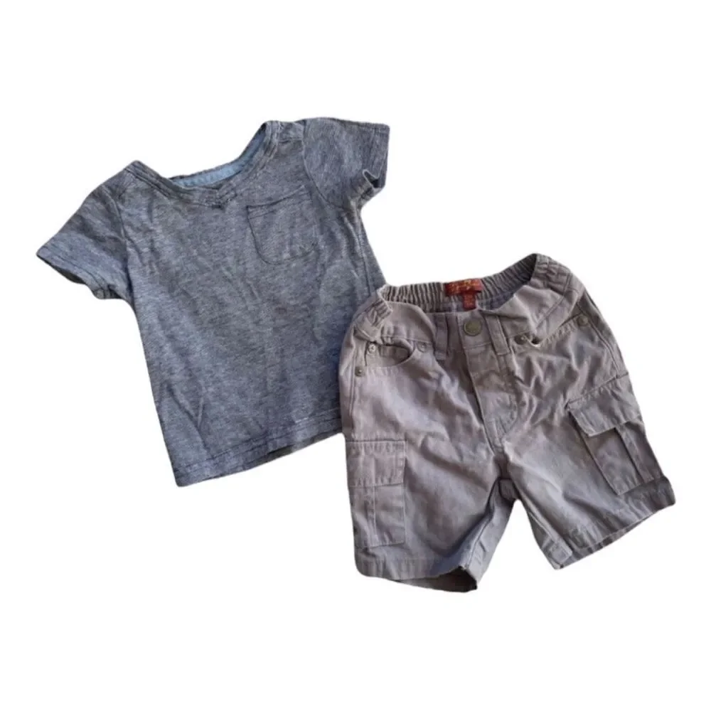 Baby Boys 7 For All Mankind Summer Outfit - Heathered Shirt & Shorts - Sz 12 mo